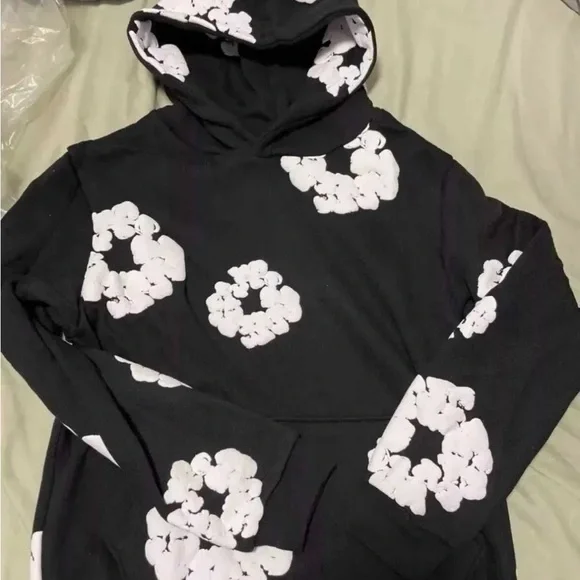 Black Hoodie with White Floral Design